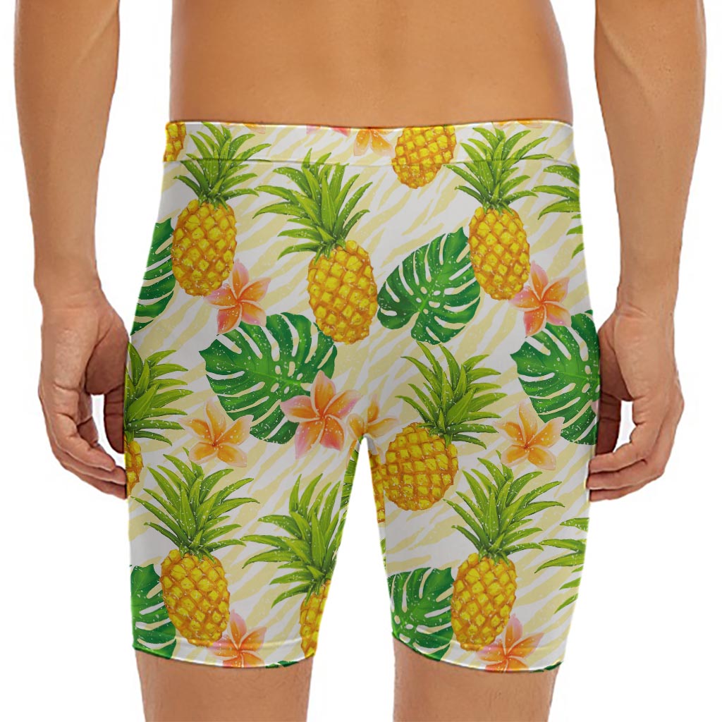 Beige Zebra Pineapple Pattern Print Men's Long Boxer Briefs