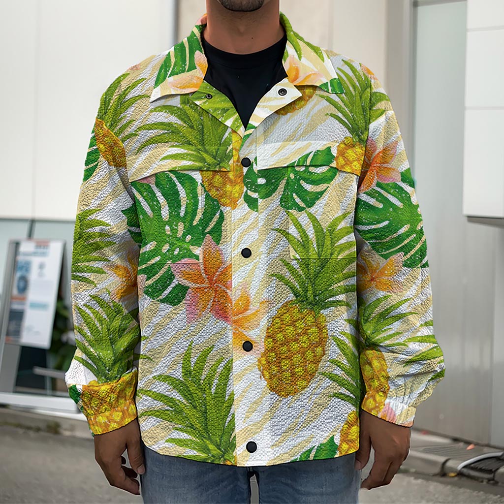 Beige Zebra Pineapple Pattern Print Men's Shirt Jacket