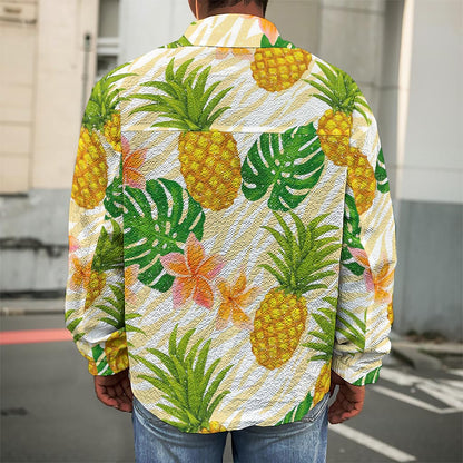 Beige Zebra Pineapple Pattern Print Men's Shirt Jacket