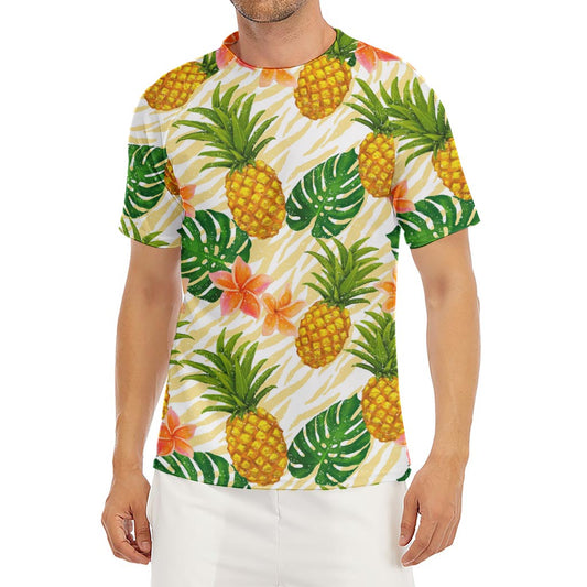 Beige Zebra Pineapple Pattern Print Men's Short Sleeve Rash Guard