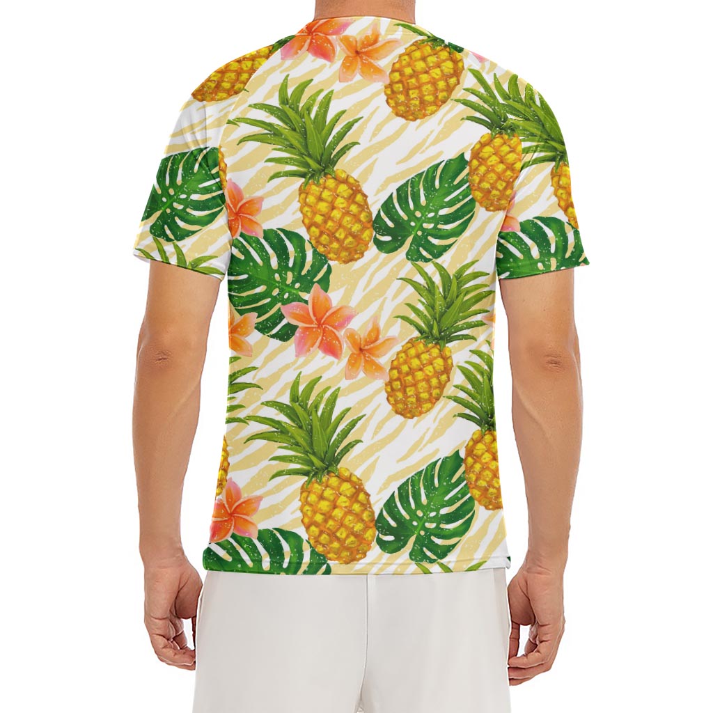 Beige Zebra Pineapple Pattern Print Men's Short Sleeve Rash Guard