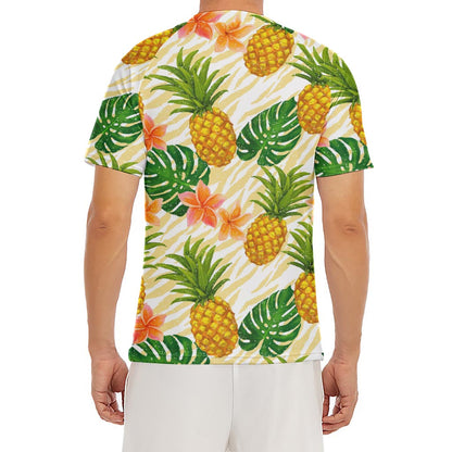 Beige Zebra Pineapple Pattern Print Men's Short Sleeve Rash Guard