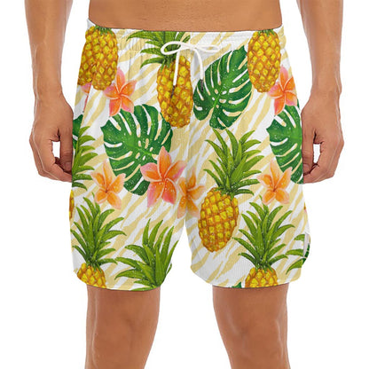 Beige Zebra Pineapple Pattern Print Men's Split Running Shorts