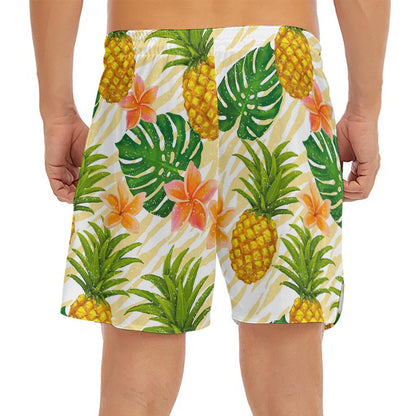 Beige Zebra Pineapple Pattern Print Men's Split Running Shorts