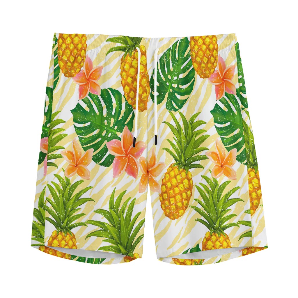 Beige Zebra Pineapple Pattern Print Men's Sports Shorts