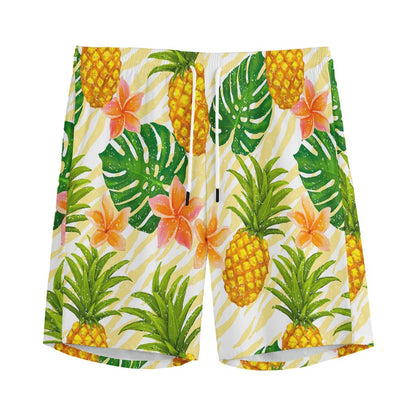 Beige Zebra Pineapple Pattern Print Men's Sports Shorts