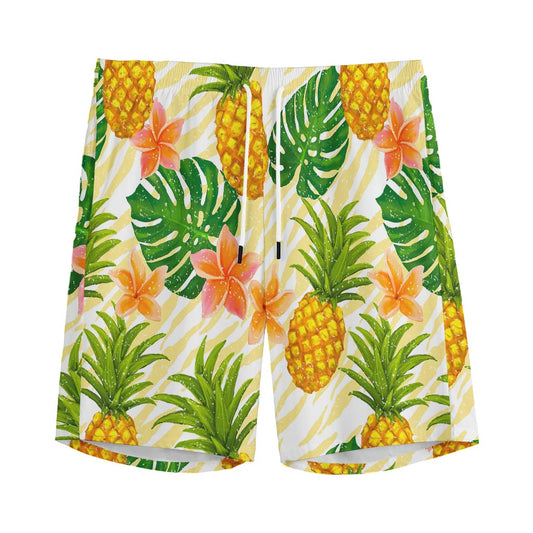 Beige Zebra Pineapple Pattern Print Men's Sports Shorts