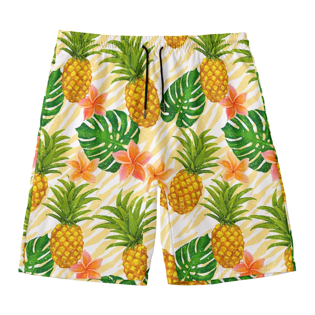 Beige Zebra Pineapple Pattern Print Men's Swim Trunks