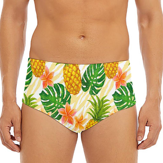 Beige Zebra Pineapple Pattern Print Men's Triangle Swim Briefs