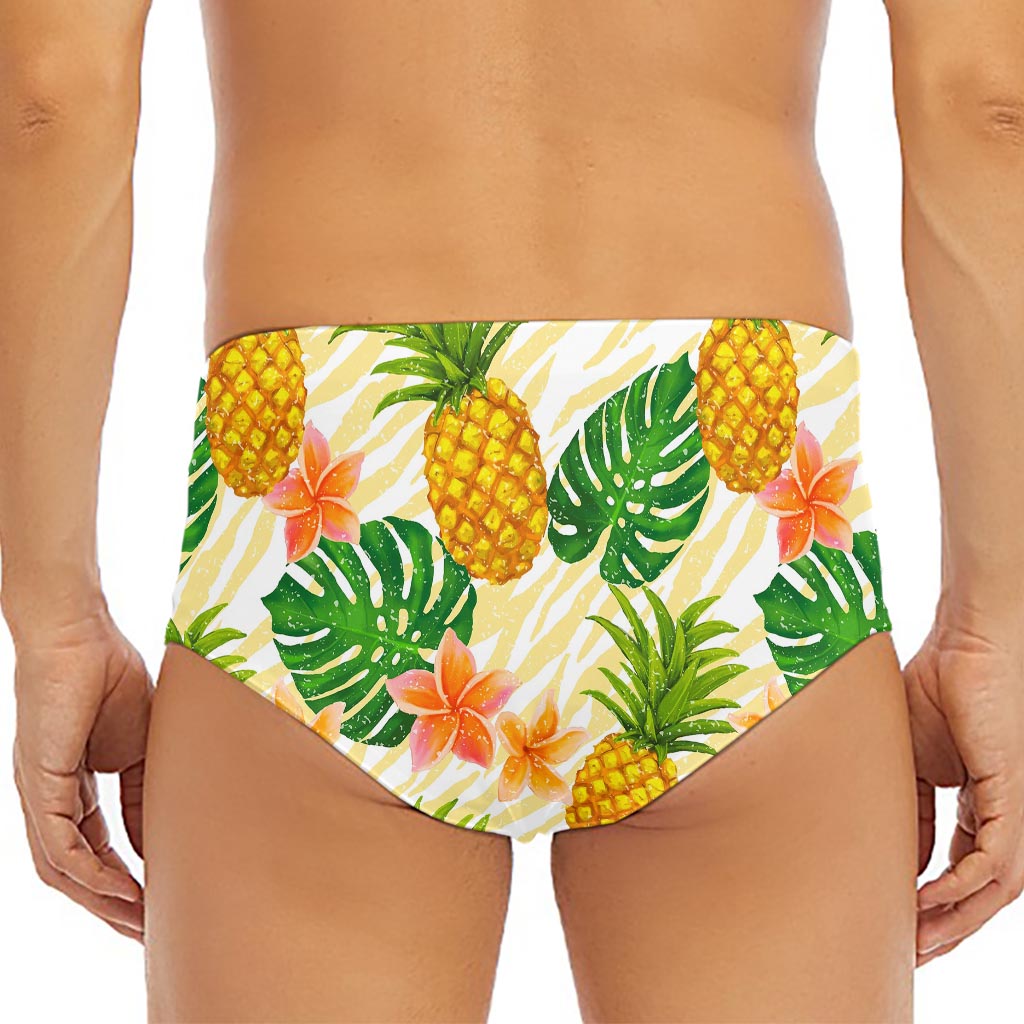 Beige Zebra Pineapple Pattern Print Men's Triangle Swim Briefs