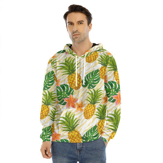 Beige Zebra Pineapple Pattern Print Men's Velvet Pullover Hoodie