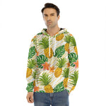 Beige Zebra Pineapple Pattern Print Men's Velvet Pullover Hoodie