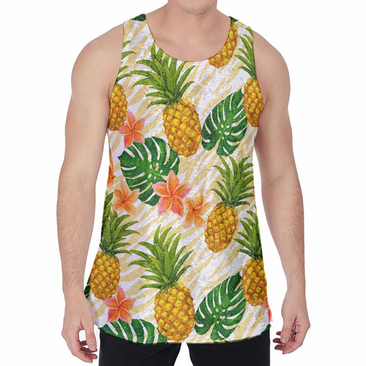 Beige Zebra Pineapple Pattern Print Men's Velvet Tank Top