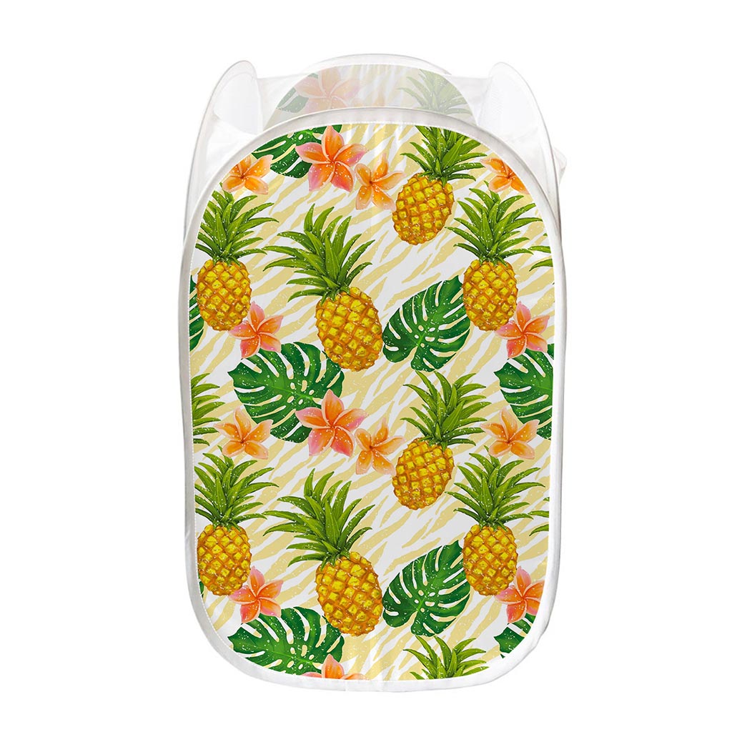 Beige Zebra Pineapple Pattern Print Mesh Laundry Hamper