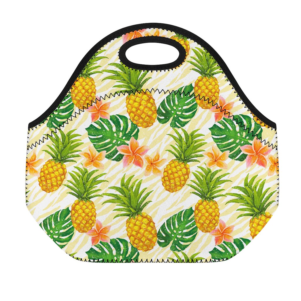 Beige Zebra Pineapple Pattern Print Neoprene Lunch Bag