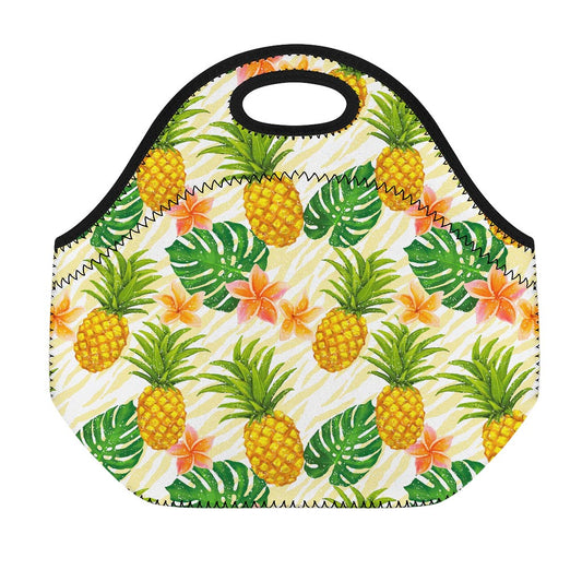 Beige Zebra Pineapple Pattern Print Neoprene Lunch Bag