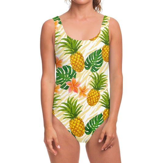 Beige Zebra Pineapple Pattern Print One Piece Swimsuit