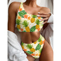 Beige Zebra Pineapple Pattern Print One Shoulder Bikini Set