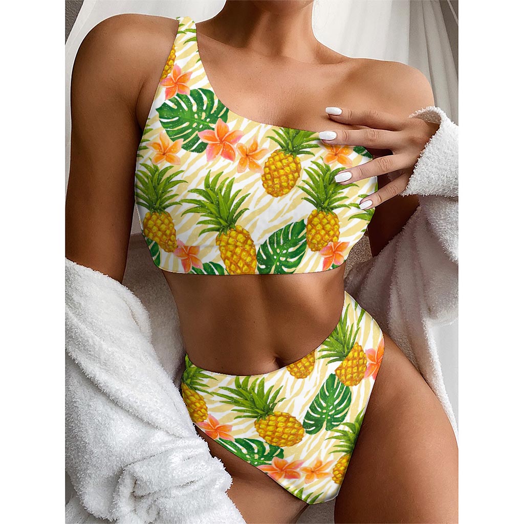 Beige Zebra Pineapple Pattern Print One Shoulder Bikini Top
