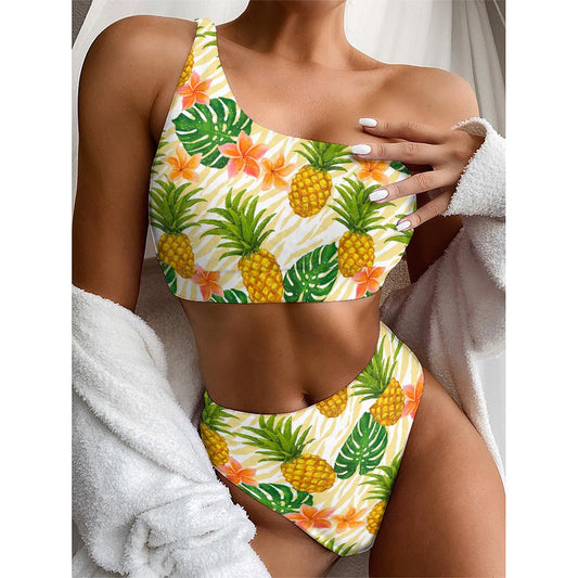 Beige Zebra Pineapple Pattern Print One Shoulder Bikini Top