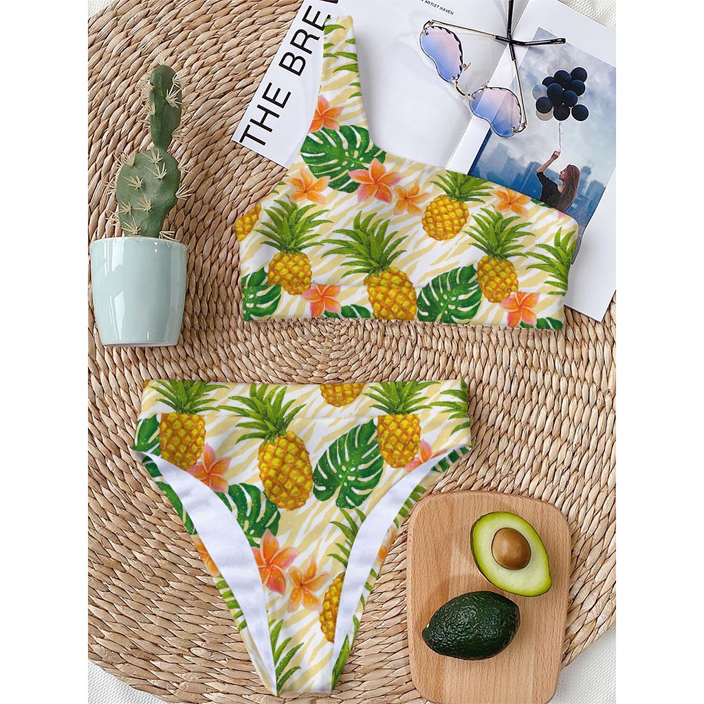Beige Zebra Pineapple Pattern Print One Shoulder Bikini Top