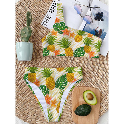 Beige Zebra Pineapple Pattern Print One Shoulder Bikini Top