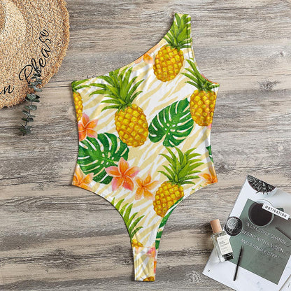 Beige Zebra Pineapple Pattern Print One Shoulder Bodysuit