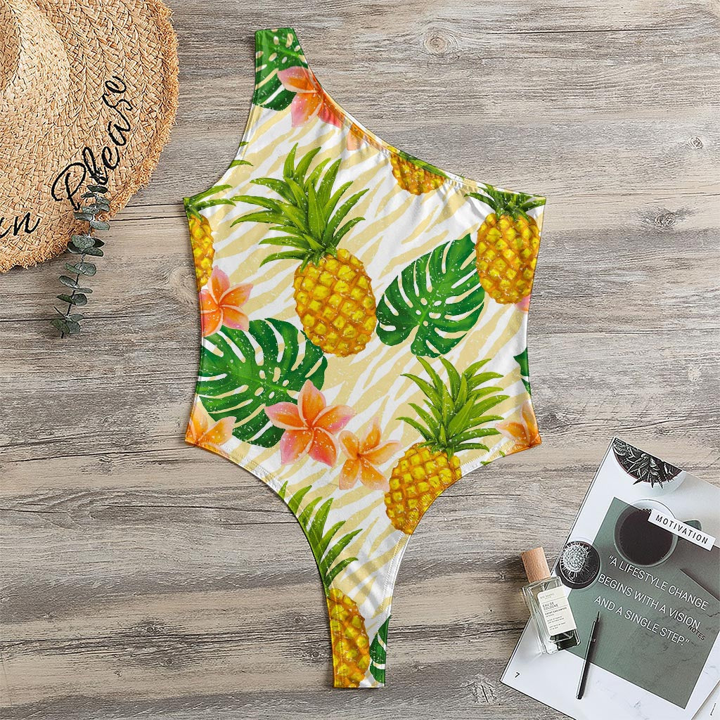 Beige Zebra Pineapple Pattern Print One Shoulder Bodysuit