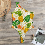 Beige Zebra Pineapple Pattern Print One Shoulder Bodysuit