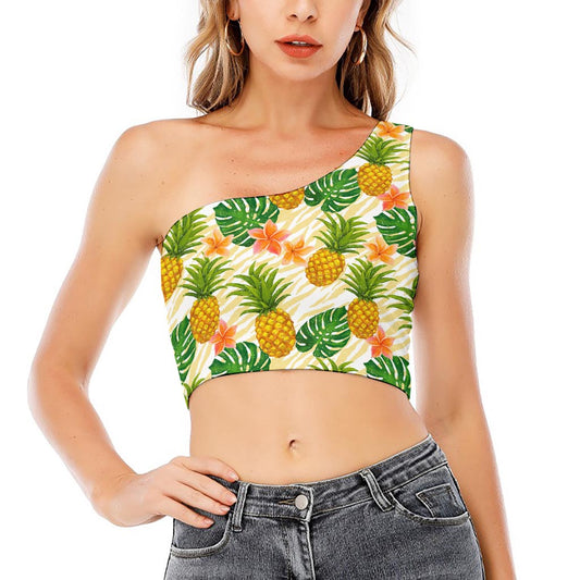 Beige Zebra Pineapple Pattern Print One Shoulder Crop Top