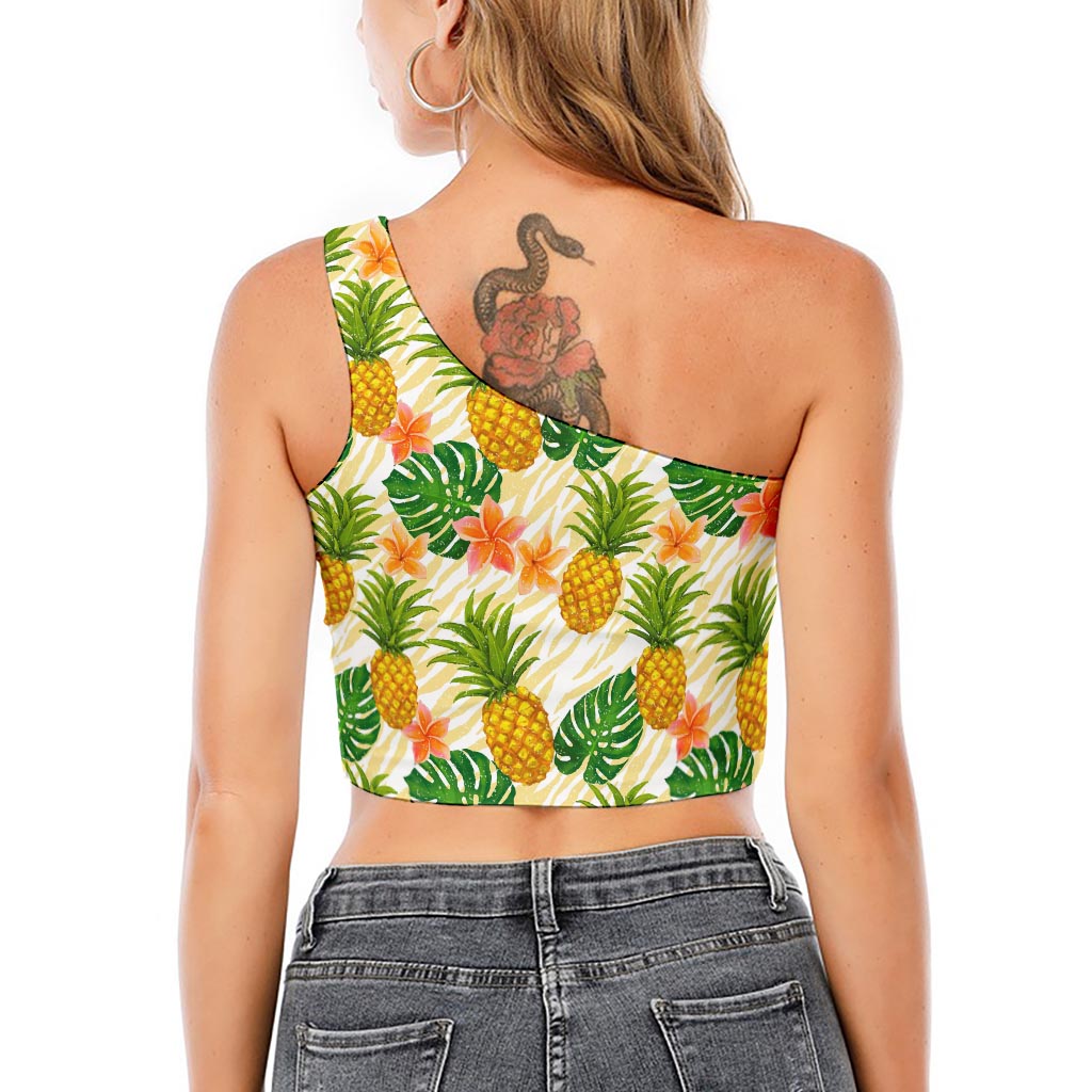 Beige Zebra Pineapple Pattern Print One Shoulder Crop Top