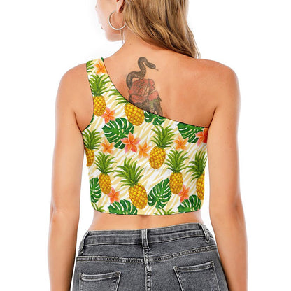 Beige Zebra Pineapple Pattern Print One Shoulder Crop Top