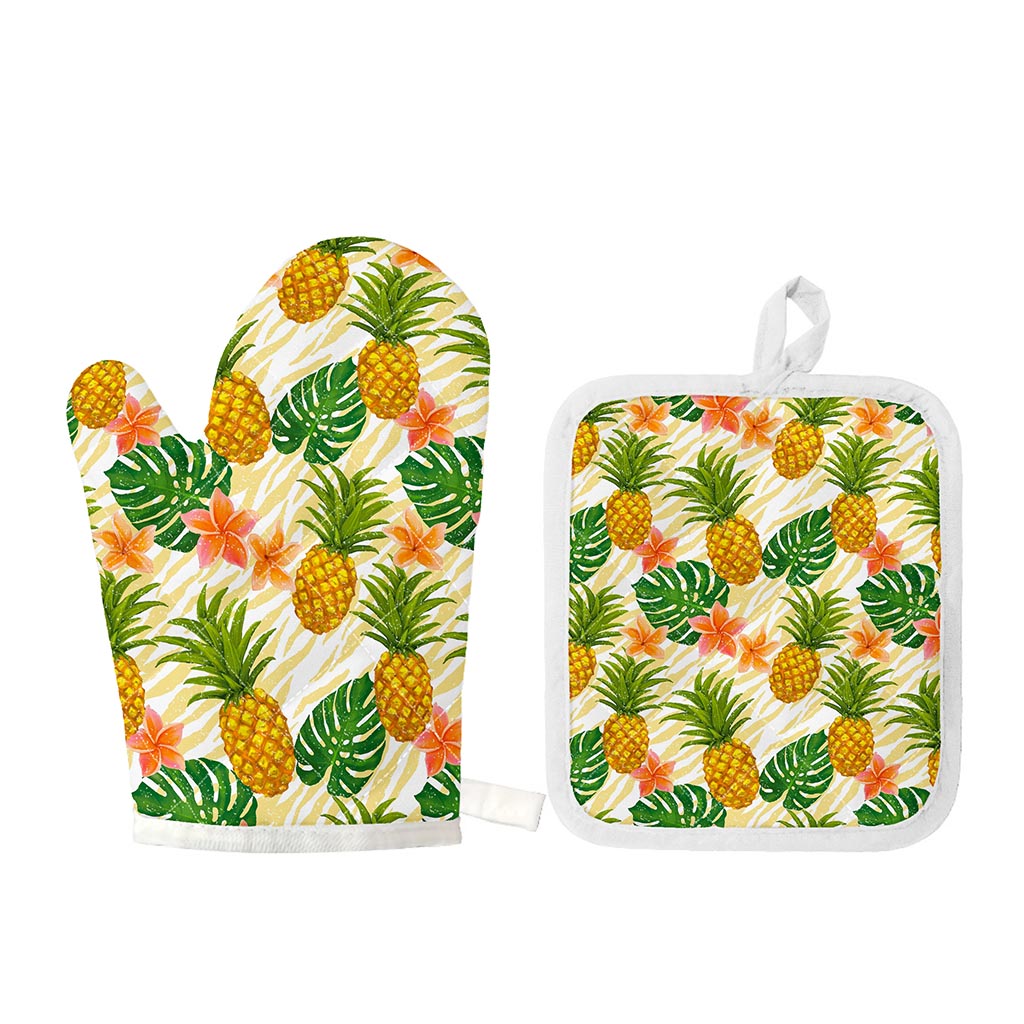 Beige Zebra Pineapple Pattern Print Oven Mitt And Pot Holder Set