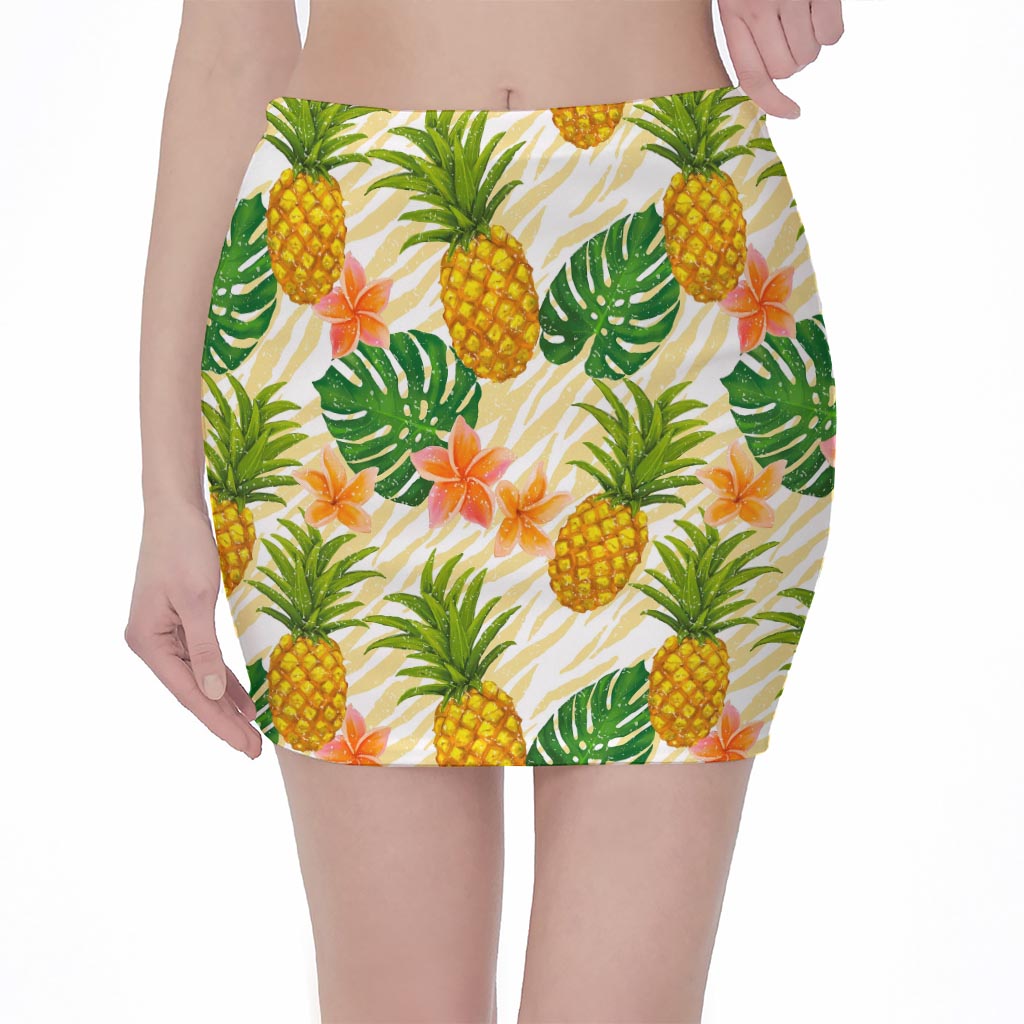 Beige Zebra Pineapple Pattern Print Pencil Mini Skirt