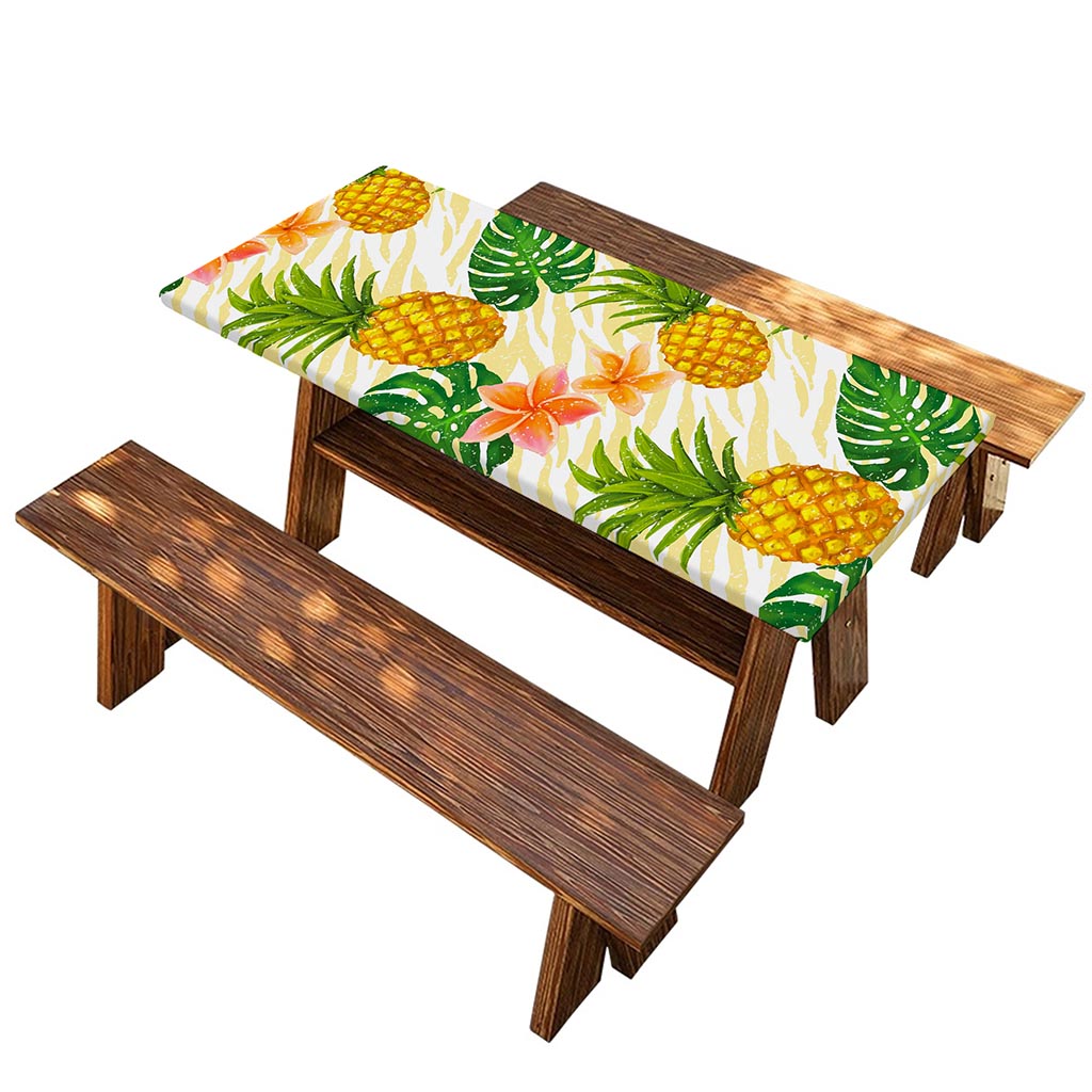 Beige Zebra Pineapple Pattern Print Picnic Table Cover