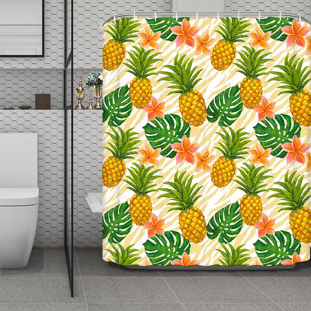Beige Zebra Pineapple Pattern Print Polyester Shower Curtain