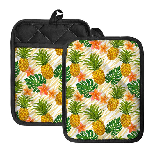 Beige Zebra Pineapple Pattern Print Pot Holders With Pocket