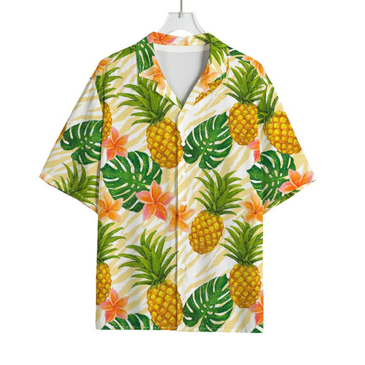 Beige Zebra Pineapple Pattern Print Rayon Hawaiian Shirt
