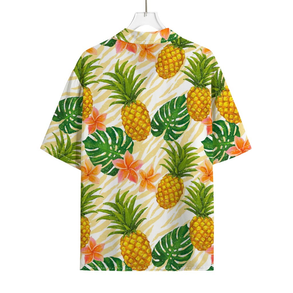Beige Zebra Pineapple Pattern Print Rayon Hawaiian Shirt