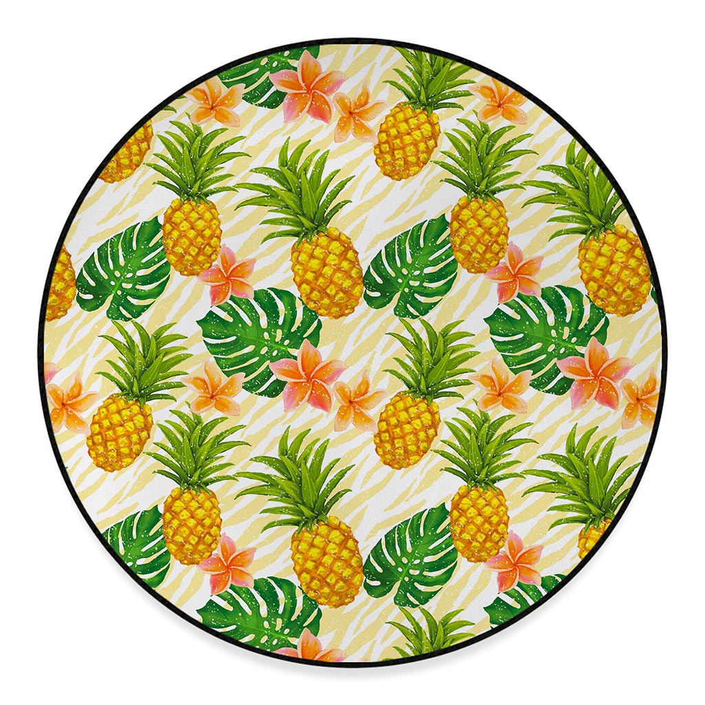 Beige Zebra Pineapple Pattern Print Round Floor Mat