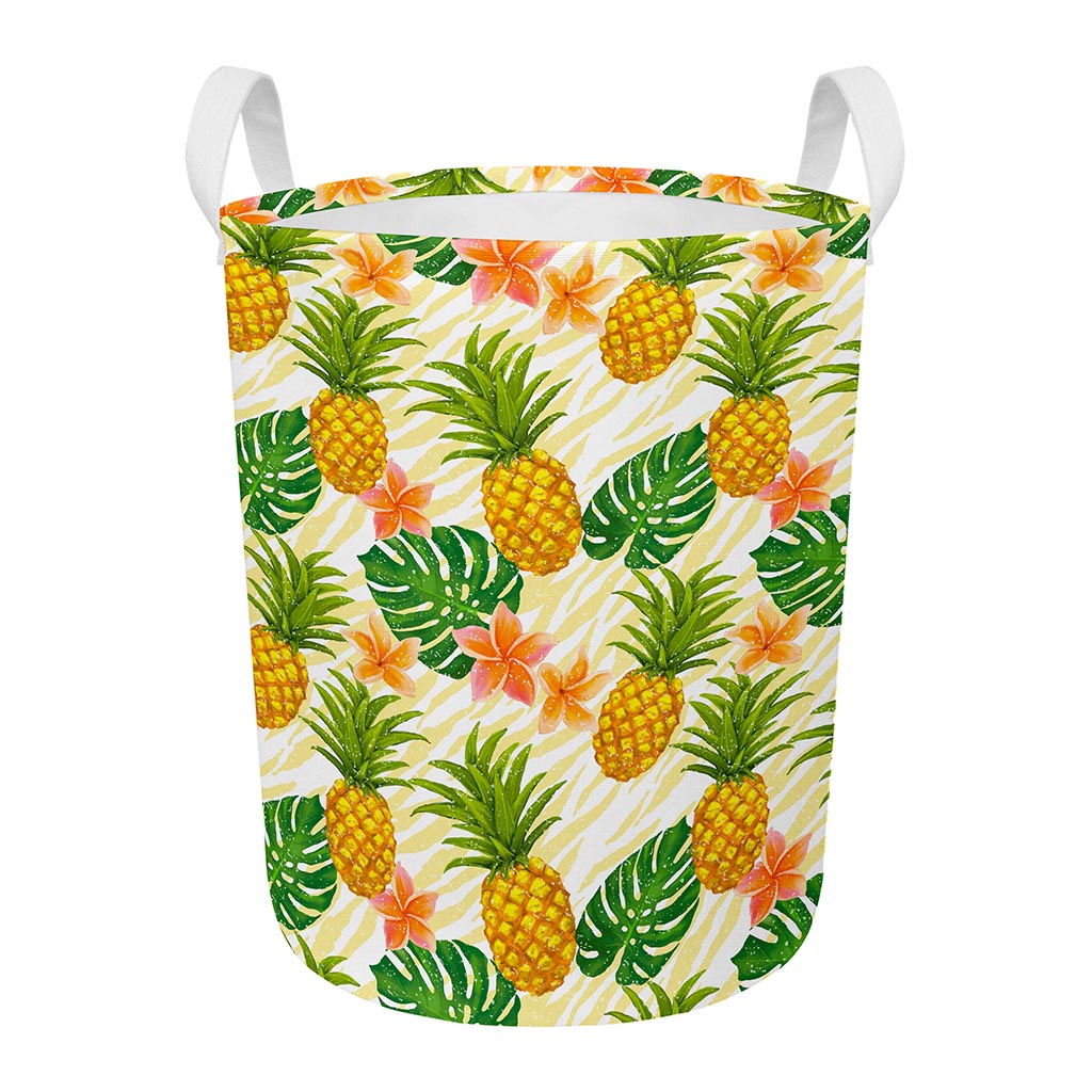 Beige Zebra Pineapple Pattern Print Round Laundry Basket