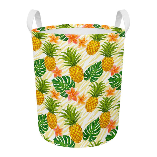 Beige Zebra Pineapple Pattern Print Round Laundry Basket
