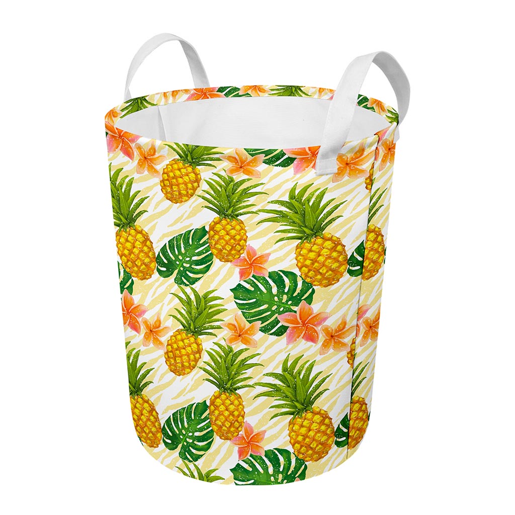 Beige Zebra Pineapple Pattern Print Round Laundry Basket