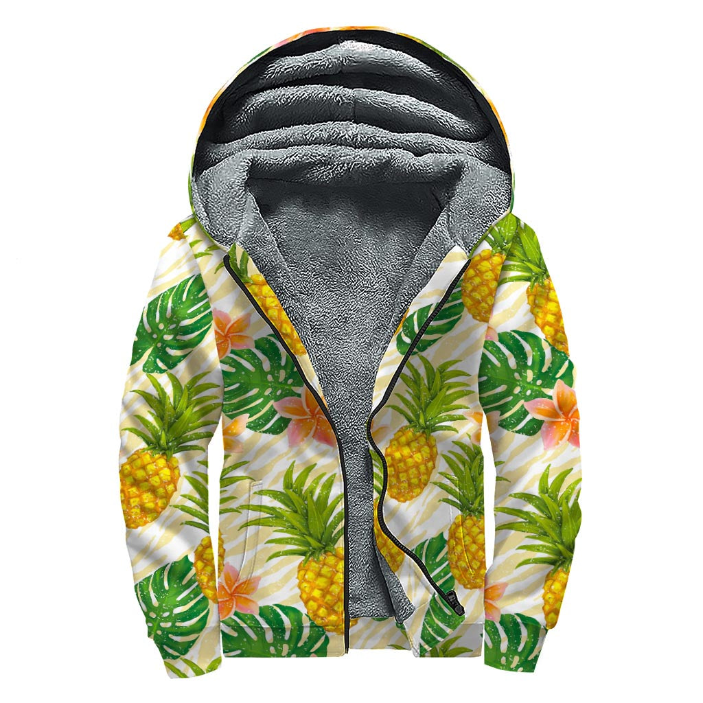 Beige Zebra Pineapple Pattern Print Sherpa Lined Zip Up Hoodie