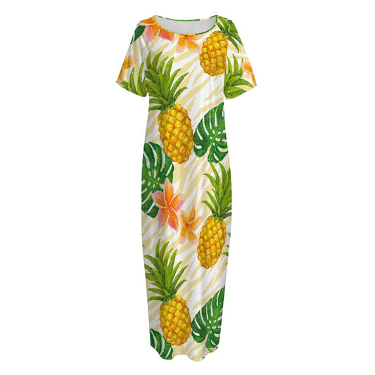 Beige Zebra Pineapple Pattern Print Short Sleeve Long Nightdress
