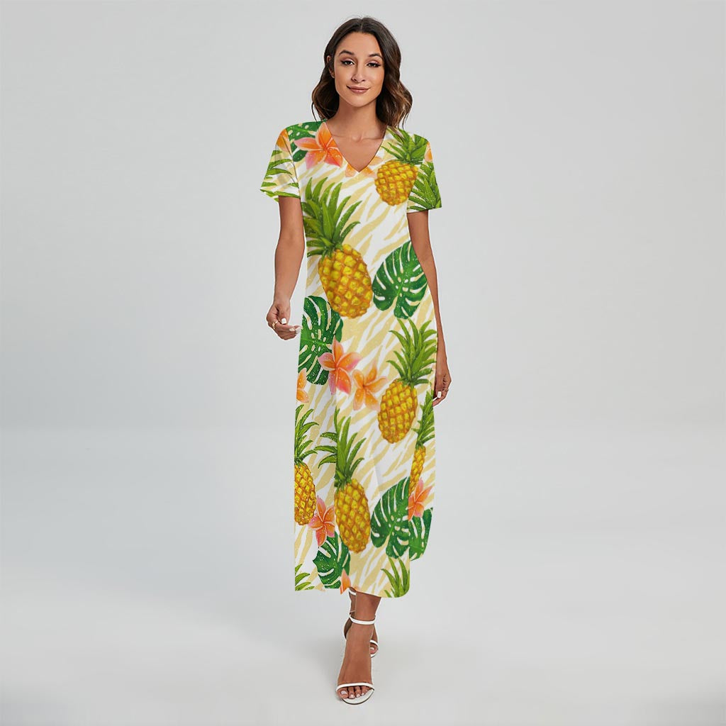 Beige Zebra Pineapple Pattern Print Short Sleeve Maxi Dress