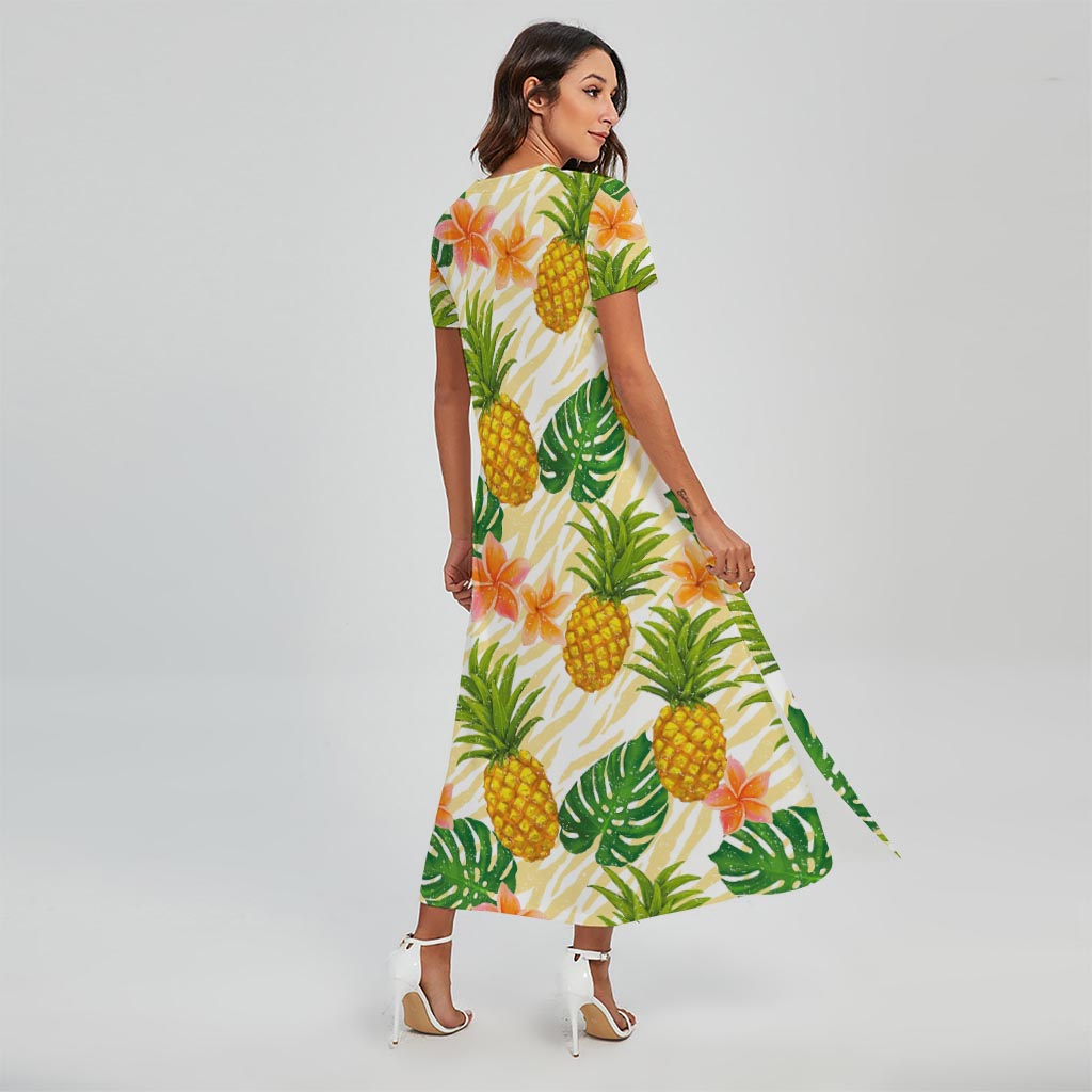 Beige Zebra Pineapple Pattern Print Short Sleeve Maxi Dress