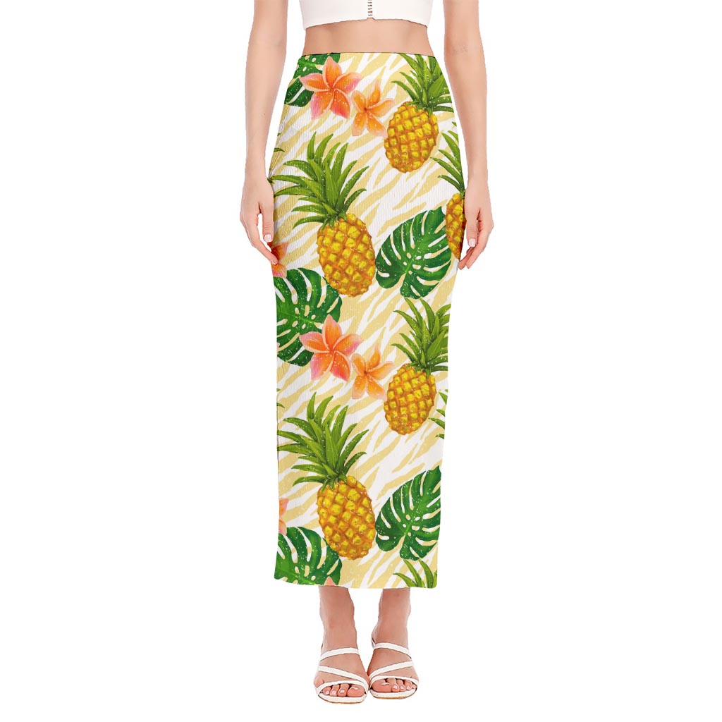 Beige Zebra Pineapple Pattern Print Side Slit Maxi Skirt