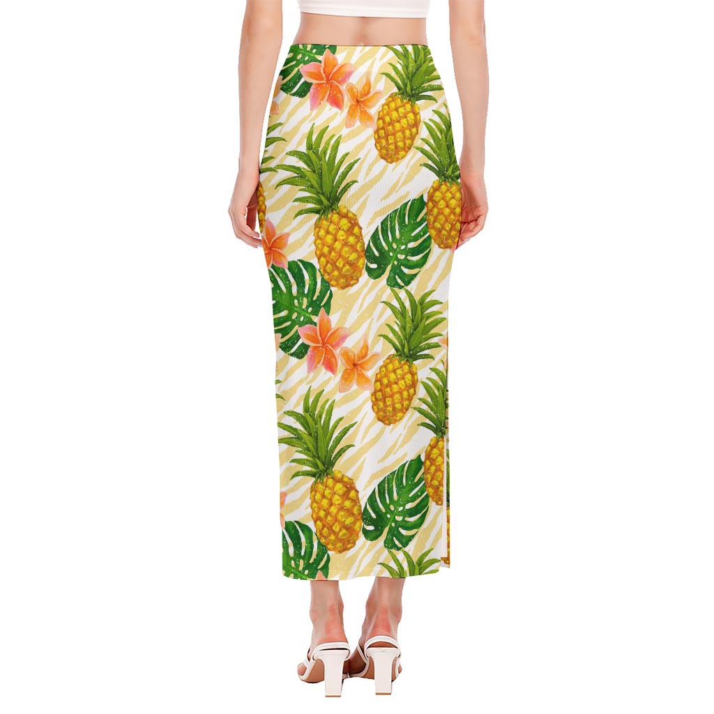 Beige Zebra Pineapple Pattern Print Side Slit Maxi Skirt