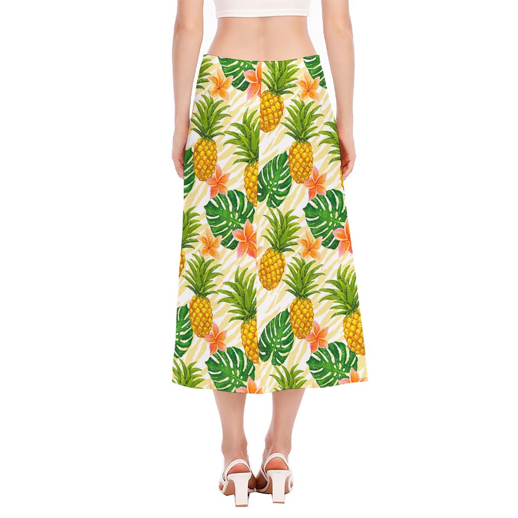 Beige Zebra Pineapple Pattern Print Side Slit Midi Skirt